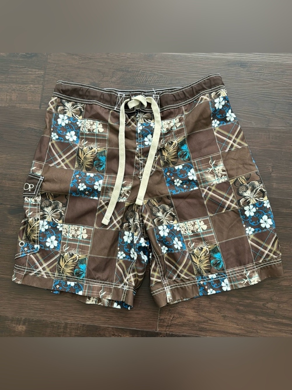 OP MENS SWIM BOARD SHORTS BROWN CARGO TRUNKS PATCHWORK LINED SZ XL 40/42